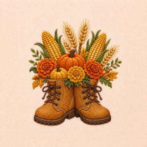 Könnte beinhalten: Ein Stickmotiv, das ein Paar hellbraune Schnürstiefel zeigt, gefüllt mit einem herbstlichen Arrangement aus orangefarbenen Kürbissen, gelben Maiskolben, goldenen Weizenähren sowie orangefarbenen und gelben Blumen auf hellem Grund.