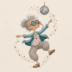 Puede incluir: Un bordado de una persona mayor con el pelo gris recogido en un moño, gafas redondas azules, top blanco de lunares, cárdigan azul cerceta y pantalones grises a rayas. La figura baila bajo una bola de discoteca rodeada de pequeñas estrellas.