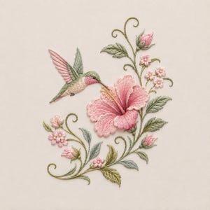 Könnte beinhalten: Ein detailliertes Stickdesign, das einen Kolibri mit rosa und grünem Gefieder zeigt, der neben einer großen, texturierten rosa Hibiskusblüte schwebt. Die Komposition umfasst zarte grüne Stängel, geschwungene Ranken, kleine rosa Knospen und Blätter.