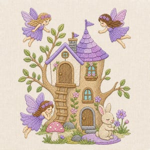 Fairy Treehouse Embroidery Design Woodland Bunny Pixie Cottage Machine Pattern
