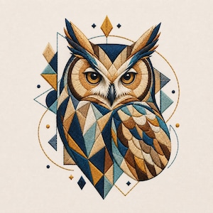 May include: An embroidered owl design featuring geometric patterns in shades of navy blue, golden yellow, and light brown. The owl has large, detailed amber eyes and is surrounded by thin, dark blue lines, small diamonds, and circular accents.