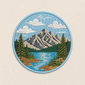 Mountain Lake Embroidery Design, Alpine Forest Landscape Patch, Nature Scenic Machine Embroidery (Digital Download)