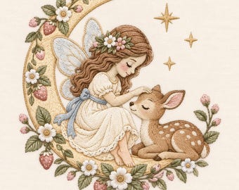 Moon Fairy Fawn Strawberry Garden Machine Embroidery Fantasy Digital Design File Download