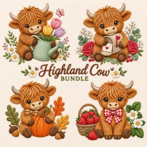 Puede incluir: Un conjunto de ilustraciones digitales titulado Highland Cow BUNDLE que muestra cuatro vacas Highland marrones con pelaje texturizado. Incluye una regadera con tulipanes, un buzón con rosas, una calabaza con bellotas y una cesta con fresas.
