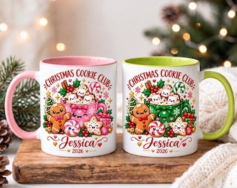 Personalized Christmas Cookie Club Mug, Custom Name 11 oz Ceramic Cup, Cute Gingerbread Hot Cocoa Mug, Holiday Gift 2026, Coffee Lover Gift