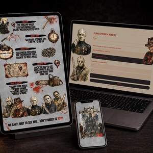 May include: A tablet, a laptop, and a smartphone displaying a digital Halloween party invitation. The screens feature horror movie characters, a haunted house illustration, event details, and an RSVP form with text including Halloween Party.