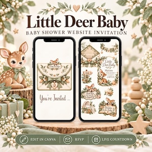 Pode incluir: Dois smartphones exibem um convite de chá de bebê Little Deer Baby. As telas mostram um envelope, um cervo, detalhes florais e texto como You're Invited, Matisen e Books for Baby. A interface inclui botões para Edit in Canva, RSVP e Live Countdown.