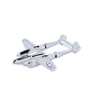 May include: An embroidered patch featuring a twin-boom aircraft in shades of grey, black, and white. The design includes a central cockpit, dual tail booms, and a blue and white star insignia on the wing, all outlined with a light blue border.