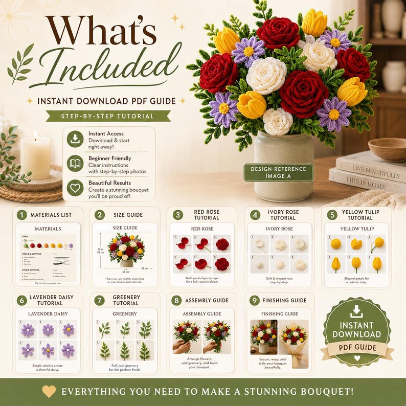 May include: A digital PDF guide for crafting a crochet flower bouquet, featuring text What's Included and step-by-step tutorials for red roses, ivory roses, yellow tulips, lavender daisies, and greenery, with a 15 inch by 15 inch size guide.