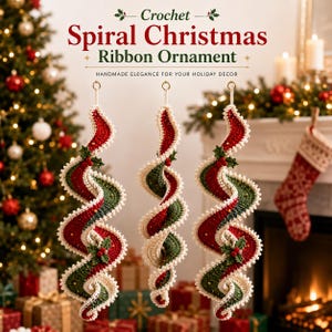May include: Three spiral-shaped crochet Christmas ornaments featuring red, dark green, and cream yarn. Each ornament has a wavy, ribbon-like design with small holly leaf and berry accents. The text reads: Crochet Spiral Christmas Ribbon Ornament.