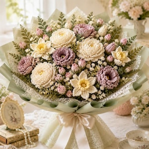 Mönster för virkad blombukett i PDF-format | Pion och påsklilja med lisianthus | Gör-det-själv-bröllopspresent | Nybörjarvänlig