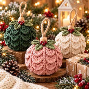 May include: Three spherical crochet ornaments in dark green, soft pink, and cream. Each features a textured scale pattern, a wooden bead topper, three green crocheted leaves, three small red berries, and a jute twine hanging loop.