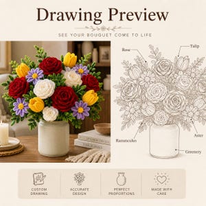 May include: A crochet flower bouquet in a ceramic vase featuring red roses, yellow tulips, white roses, and purple asters with green foliage. Next to it is a line drawing preview labeled with flower names and four icons at the bottom.