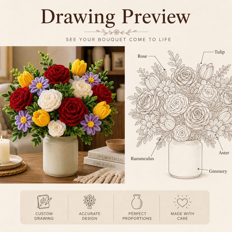May include: A crochet flower bouquet in a ceramic vase featuring red roses, yellow tulips, white roses, and purple asters with green foliage. Next to it is a line drawing preview labeled with flower names and four icons at the bottom.