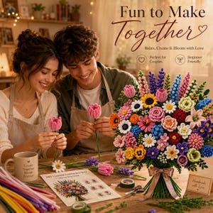 May include: A large, colorful bouquet of handcrafted pipe cleaner flowers featuring various shapes and shades of pink, blue, yellow, and white. The bouquet is tied with a brown ribbon and sits next to a beige mug and a printed instructional guide.
