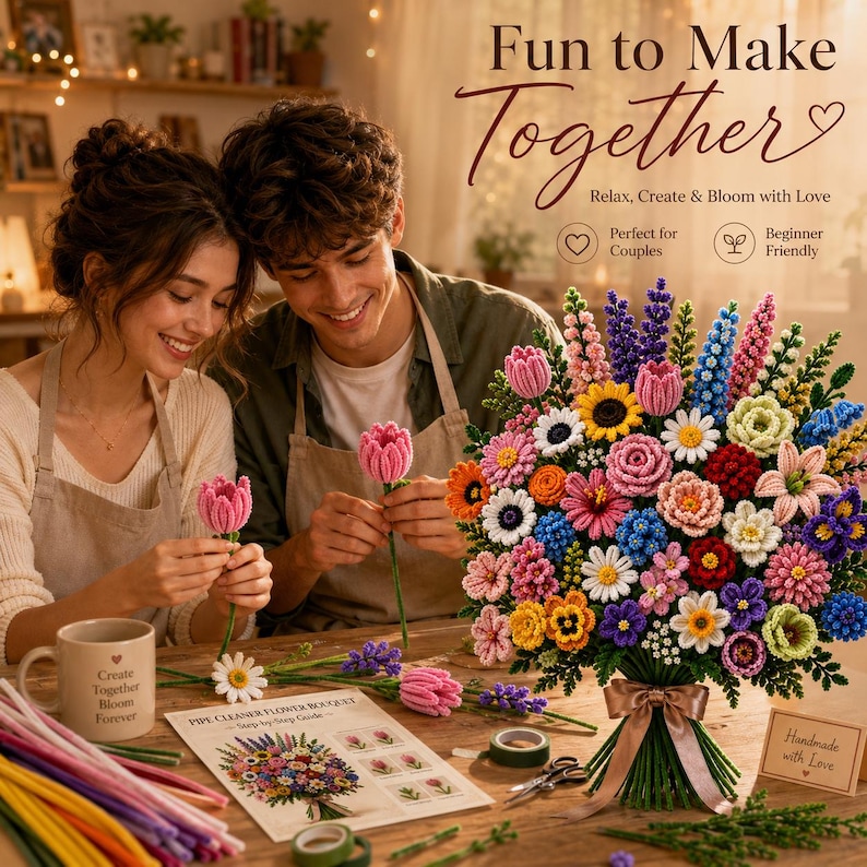 May include: A large, colorful bouquet of handcrafted pipe cleaner flowers featuring various shapes and shades of pink, blue, yellow, and white. The bouquet is tied with a brown ribbon and sits next to a beige mug and a printed instructional guide.