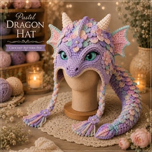 Peut inclure: Un bonnet dragon au crochet dans des tons pastel violet, rose et bleu, avec un motif d'écailles texturé, des fleurs ornées de perles, deux cornes, des ailes latérales et des oreillettes tressées à pompons. Le texte Pastel DRAGON HAT CROCHET PATTERN PDF est visible.