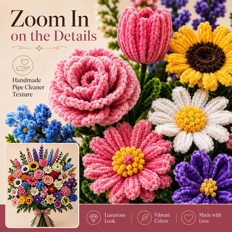 40 Pipe Cleaner Flowers Tutorial Bundle | DIY Bouquet Patterns | Beginner Craft Guide | Instant Download image 6