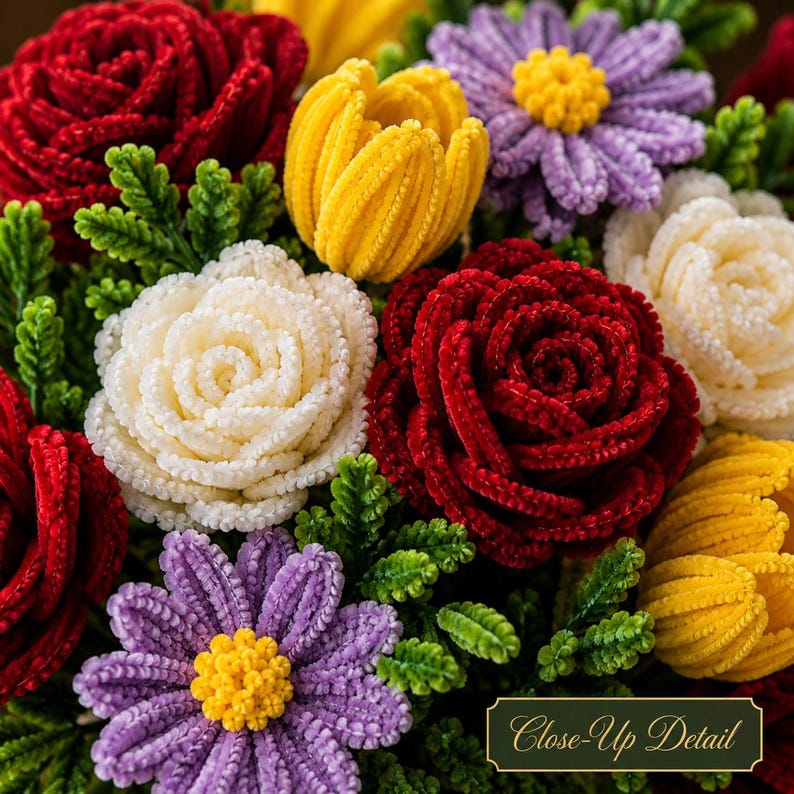 May include: A bouquet of crocheted flowers featuring deep red roses, white roses, yellow tulips, and purple daisies with yellow centers. The arrangement includes textured green foliage interspersed between the colorful blooms, creating a dense floral display.