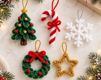 Christmas Pipe Cleaner Ornament Pattern| DIY Chenille Stem Christmas Tree, Wreath, Snowflake & Star Patterns