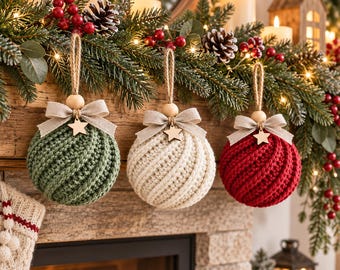 Crochet Christmas Ornament Pattern | Twisted-Rib Bauble, Wooden Bead, Linen Bow (PDF)