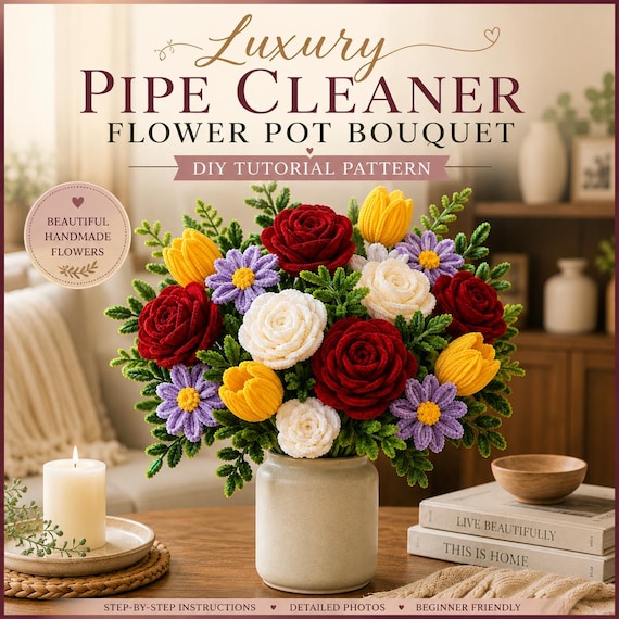 Luxury Pipe Cleaner Flower Bouquet PDF | DIY Roses Tulips Daisy Tutorial | Printable Craft Guide