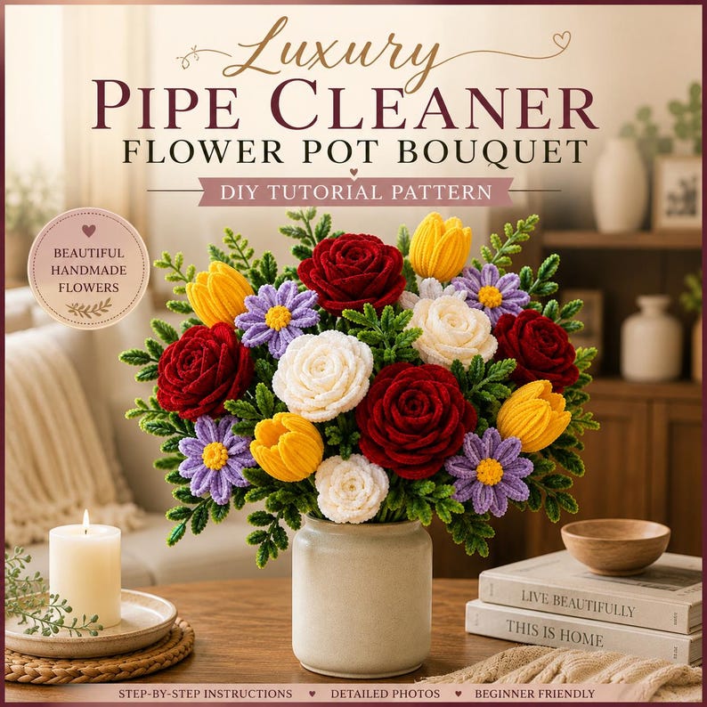 May include: A DIY tutorial pattern for a luxury pipe cleaner flower pot bouquet. The image displays a bouquet of handmade red roses, white roses, yellow tulips, and purple daisies with green foliage in a light-colored ceramic pot.