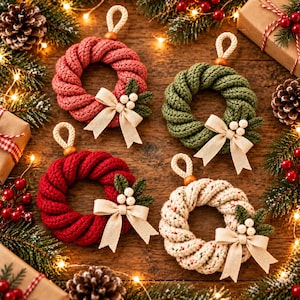 May include: Four circular knitted ornaments in red, dark red, olive green, and cream with red speckles. Each features a beige fabric bow, small green crocheted leaves, white berries, and a hanging loop with a wooden bead.