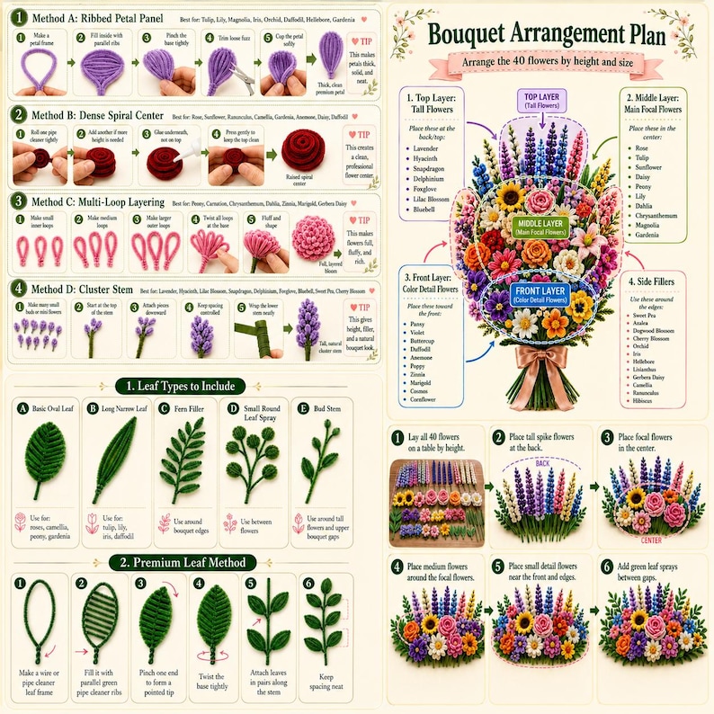 May include: An instructional guide for creating a pipe cleaner flower bouquet, featuring diagrams for petal and leaf construction methods, a bouquet arrangement plan for 40 flowers, and step-by-step assembly instructions for building a floral display.