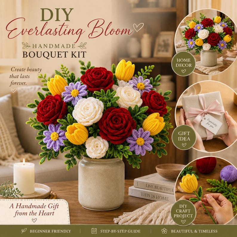 May include: A DIY Everlasting Bloom handmade bouquet kit featuring a central arrangement of crocheted red roses, white roses, yellow tulips, and purple daisies with green leaves in a gray vase, with inset images showing home decor and gift ideas.