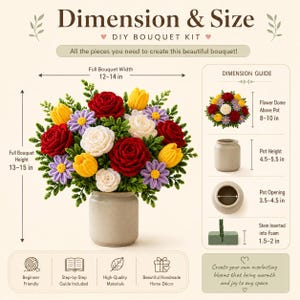 May include: A DIY bouquet kit featuring a crochet flower arrangement in a gray pot. The bouquet includes red, white, and yellow roses and purple daisies with green foliage. Text includes Dimension & Size, DIY Bouquet Kit, and specific measurements in inches.