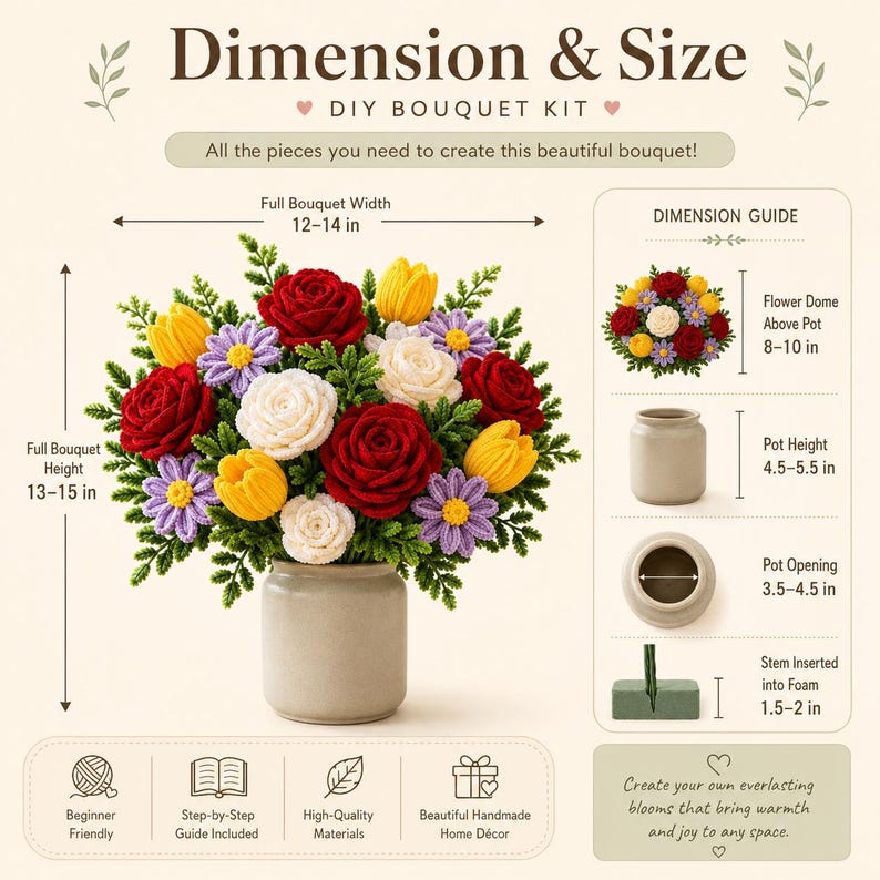 May include: A DIY bouquet kit featuring a crochet flower arrangement in a gray pot. The bouquet includes red, white, and yellow roses and purple daisies with green foliage. Text includes Dimension & Size, DIY Bouquet Kit, and specific measurements in inches.