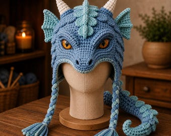 Ice Dragon Hat Crochet Pattern PDF | Fantasy Cosplay Aviator Beanie (Digital Download)