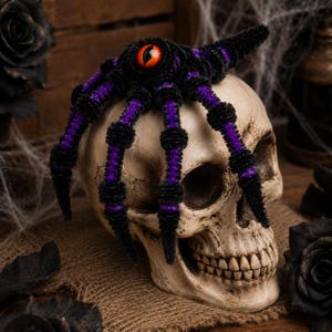 May include: A decorative spider crafted from black and purple fuzzy pipe cleaners, featuring a single prominent central eye with an orange iris and a black pupil, resting atop a realistic human skull model with visible teeth and bone texture.