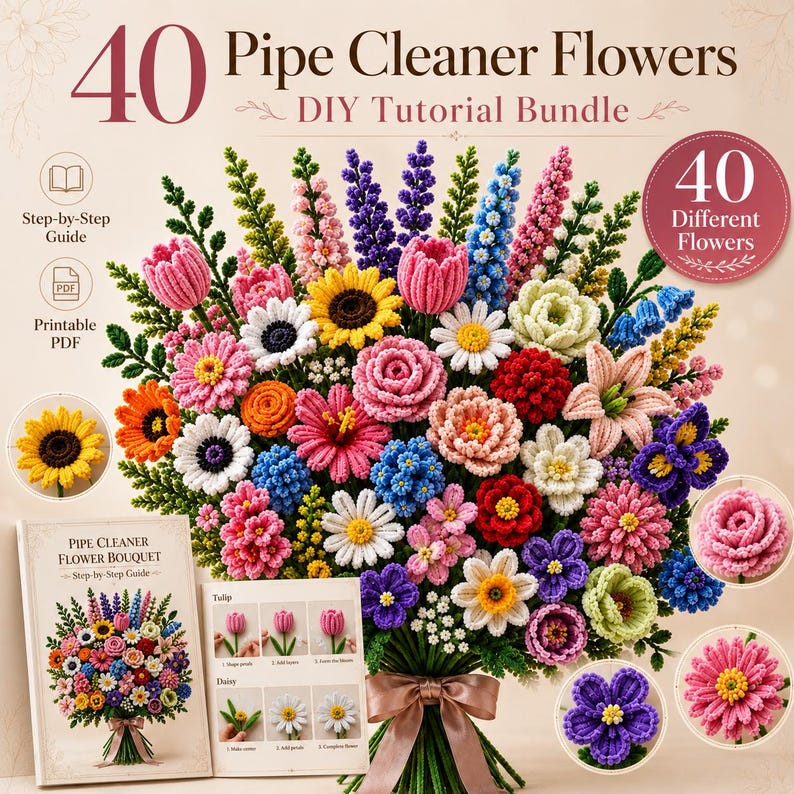 May include: A DIY tutorial bundle for 40 pipe cleaner flowers, featuring a large, colorful bouquet of various crafted blooms. The set includes a step-by-step guide and a printable PDF, with instructional images showing how to create tulips and daisies.