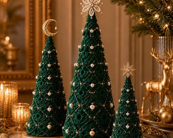 Emerald Green Crochet Christmas Trees | Pearl Gold Holiday Decor Set (Digital Download)
