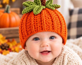 Pumpkin Beanie Crochet Pattern – Baby Hat PDF | Easy Fall Halloween Newborn & Toddler Instant Download