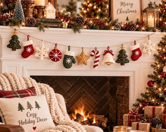 Christmas Crochet Pattern Bundle | Ornament Garland PDF | Stocking, Snowflake, Candy Cane, Bell & Tree Download