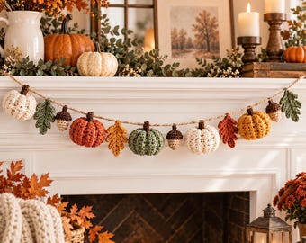 Crochet Pumpkin Garland Pattern PDF | Fall Halloween Mantel Decor | Autumn Leaves Acorn Thanksgiving Decoration