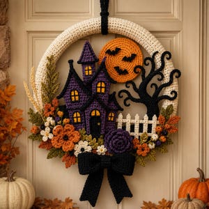 May include: A crochet wreath featuring a purple haunted house, an orange moon with black bats, a black tree, a white picket fence, and autumn-colored flowers. The wreath is accented with a large black bow at the bottom and hangs from a black loop.