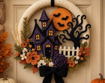 Halloween Crochet Wreath Pattern PDF | Haunted House Door Decor | Fall Autumn Crochet | Instant Download