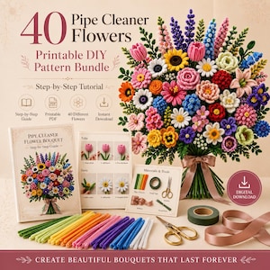 May include: A printable DIY pattern bundle for 40 pipe cleaner flowers, featuring a large, colorful bouquet of crafted flowers, a step-by-step guide, instructional cards, assorted colored pipe cleaners, scissors, green floral tape, and a ribbon.