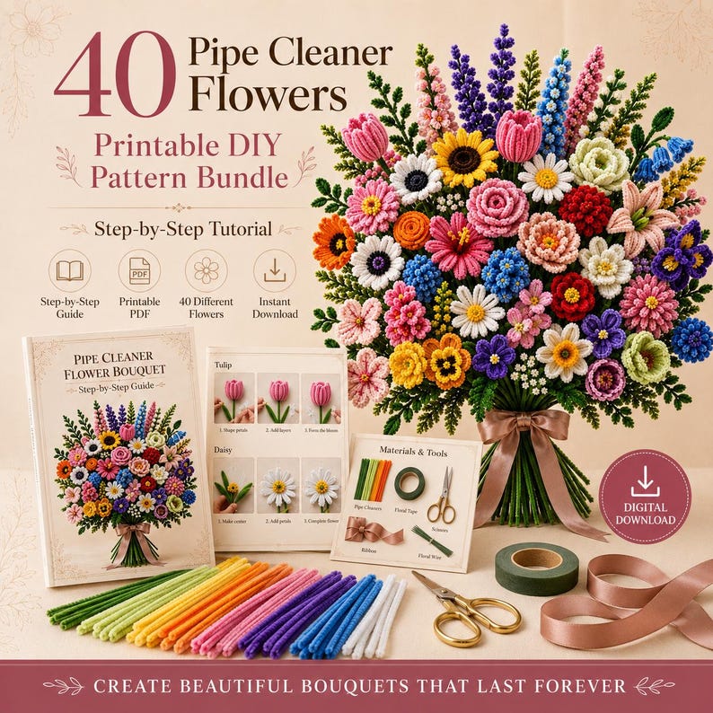 May include: A printable DIY pattern bundle for 40 pipe cleaner flowers, featuring a large, colorful bouquet of crafted flowers, a step-by-step guide, instructional cards, assorted colored pipe cleaners, scissors, green floral tape, and a ribbon.