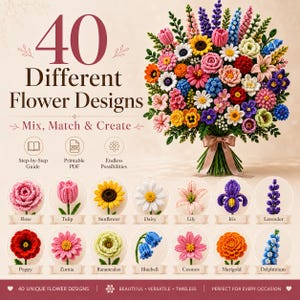 May include: A digital guide featuring 40 different flower designs with a large, colorful crochet bouquet tied with a ribbon. The text reads 40 Different Flower Designs, Mix, Match & Create, Step-by-Step Guide, Printable PDF, and Endless Possibilities.