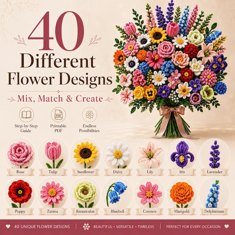 May include: A digital guide featuring 40 different flower designs with a large, colorful crochet bouquet tied with a ribbon. The text reads 40 Different Flower Designs, Mix, Match & Create, Step-by-Step Guide, Printable PDF, and Endless Possibilities.