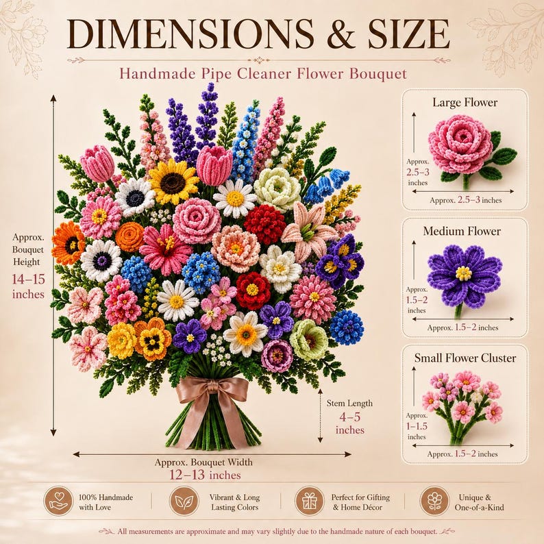 May include: A handmade pipe cleaner flower bouquet with a pink ribbon tie. Text includes DIMENSIONS & SIZE, Handmade Pipe Cleaner Flower Bouquet, and measurements ranging from 1 to 15 inches for the bouquet and individual flower components.
