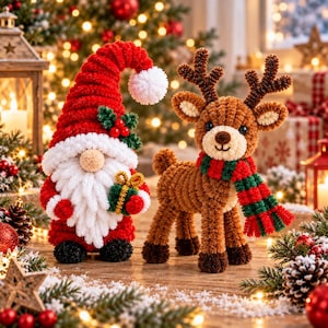 May include: A plush Christmas gnome wearing a red hat with a white pom-pom and holding a small gift, standing beside a plush brown reindeer with a red and green striped scarf. Both figures are crafted from textured yarn with detailed features.