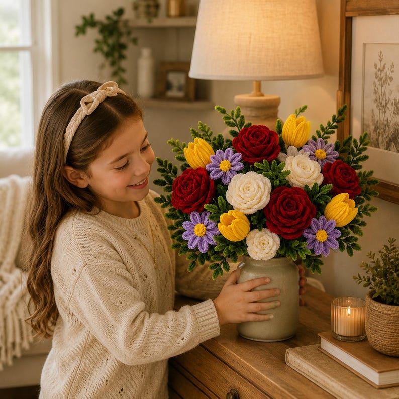 May include: A crochet flower arrangement in a light-colored ceramic vase, featuring red, white, and yellow roses and tulips mixed with purple daisy-like flowers and green foliage. The bouquet is displayed on a wooden surface next to a candle.