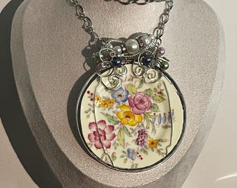 Vintage Handmade Silver Plated Floral China & Faux Pearl Statement Necklace | Repurposed Webster Co. E.P.C.A. Trivet Pendant | Cottagecore