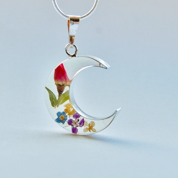 Real Flower Sterling Silver Necklace 01 Resin Jewelry Crescent Moon  Wedding Bridal Bridesmaid